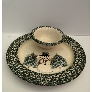 Patton Handmade Pottery 7.5" Christmas Snowman Chip & Dip Plate Holiday Party